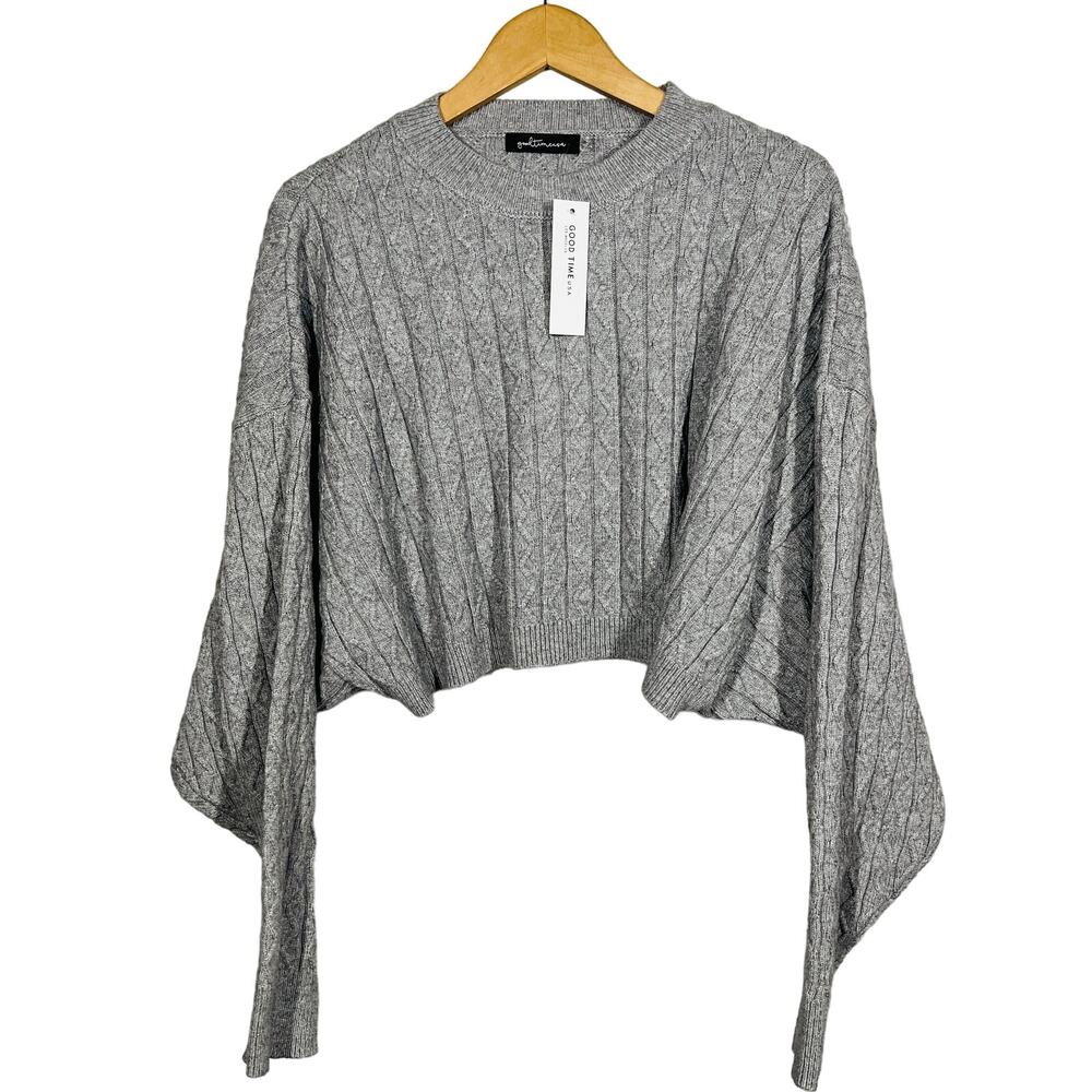 NEW! Good Time USA Crop Crewneck Sweater Casual Knit Gray Zig Zag LS - XL